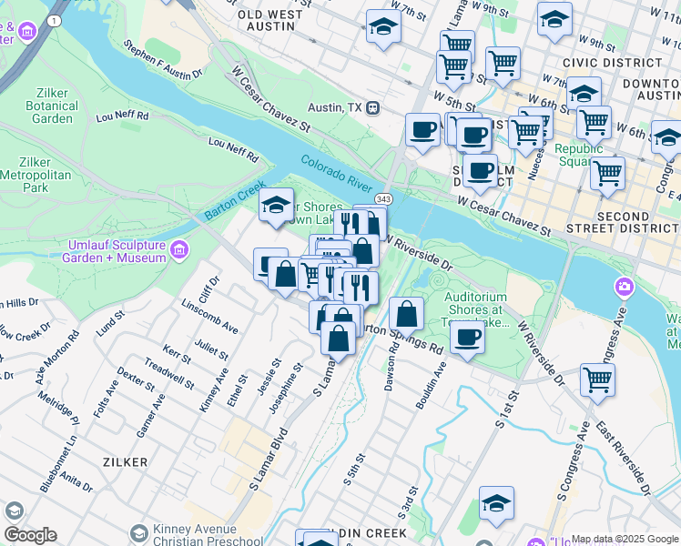 map of restaurants, bars, coffee shops, grocery stores, and more near 300 South Lamar Boulevard in Austin