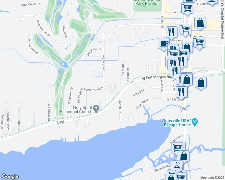 map of restaurants, bars, coffee shops, grocery stores, and more near 1417 Cresent Boulevard in Gulf Shores