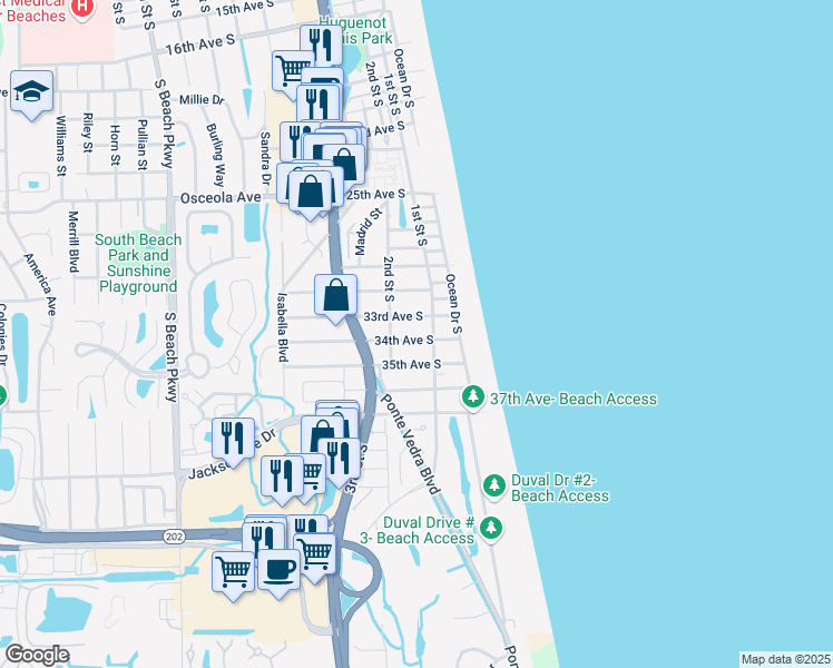 map of restaurants, bars, coffee shops, grocery stores, and more near 123 34th Avenue South in Jacksonville Beach