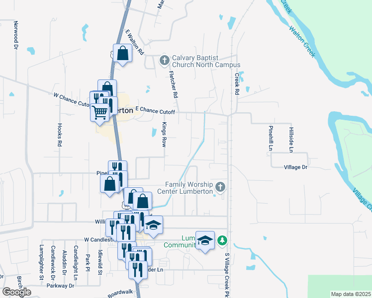 map of restaurants, bars, coffee shops, grocery stores, and more near 150 Ned Road in Lumberton