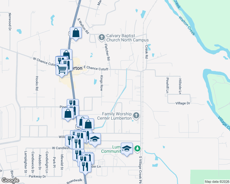 map of restaurants, bars, coffee shops, grocery stores, and more near 150 Ned Road in Lumberton