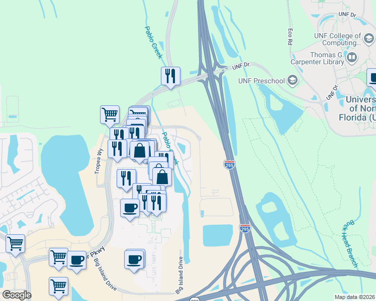 map of restaurants, bars, coffee shops, grocery stores, and more near 4494 Capital Dome Drive in Jacksonville