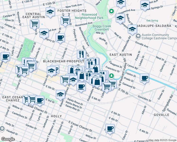 map of restaurants, bars, coffee shops, grocery stores, and more near 2505 Webberville Road in Austin