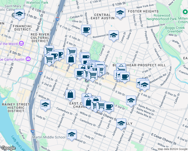 map of restaurants, bars, coffee shops, grocery stores, and more near 1621 East 6th Street in Austin