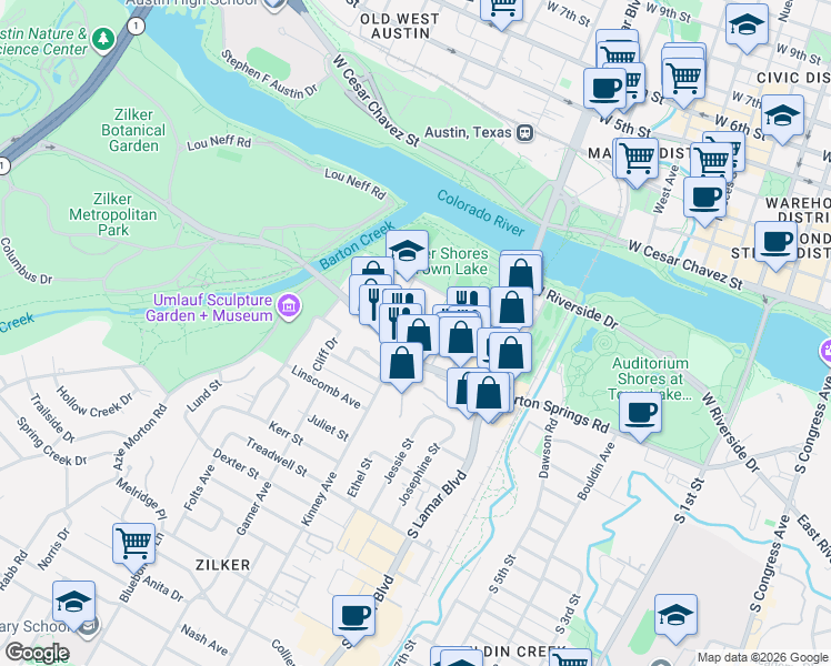 map of restaurants, bars, coffee shops, grocery stores, and more near 1600 Barton Springs Road in Austin