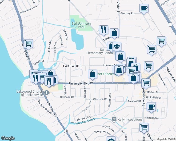 map of restaurants, bars, coffee shops, grocery stores, and more near 5518 Patsy Anne Drive in Jacksonville