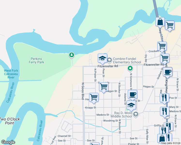 map of restaurants, bars, coffee shops, grocery stores, and more near 2001 North Prater Street in Lake Charles