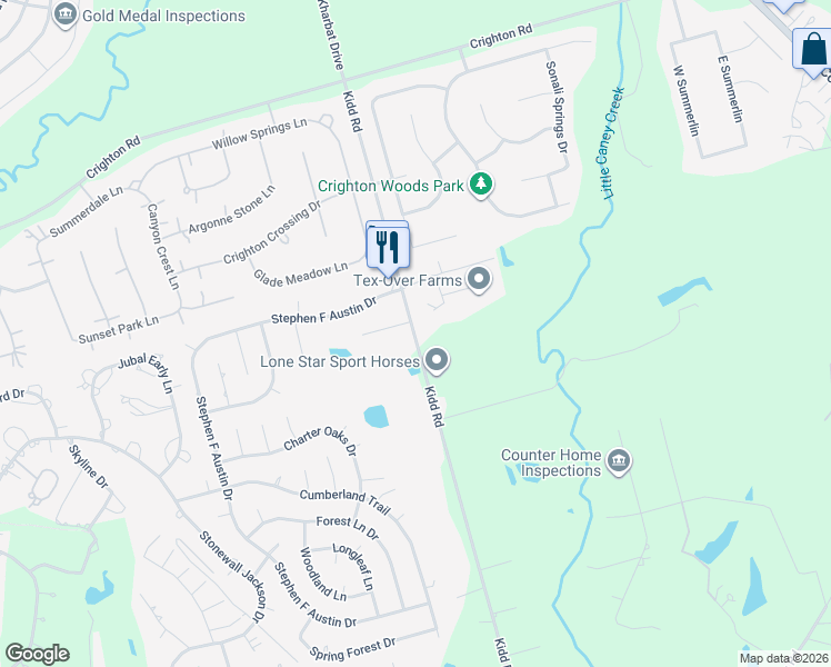 map of restaurants, bars, coffee shops, grocery stores, and more near 13259 Kidd Road in Conroe