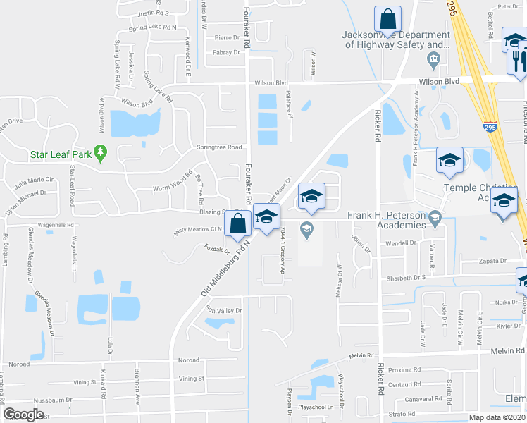 map of restaurants, bars, coffee shops, grocery stores, and more near 3989 Distant Moon Court in Jacksonville