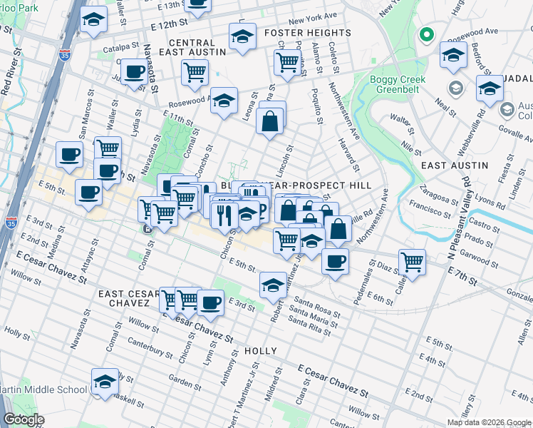 map of restaurants, bars, coffee shops, grocery stores, and more near 1918 East 7th Street in Austin
