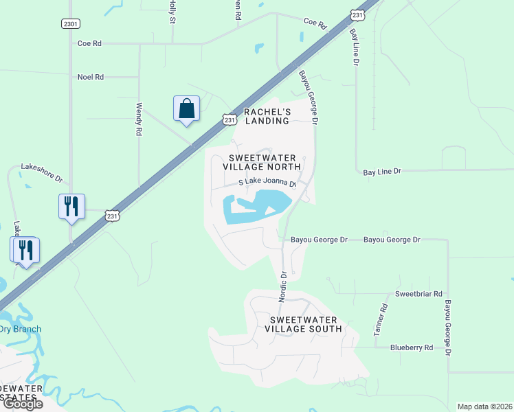 map of restaurants, bars, coffee shops, grocery stores, and more near 7224 Bayou George Drive in Panama City