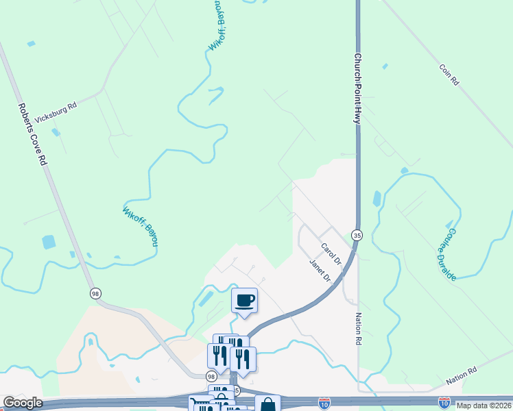 map of restaurants, bars, coffee shops, grocery stores, and more near 164 Leo Breaux Lane in Rayne
