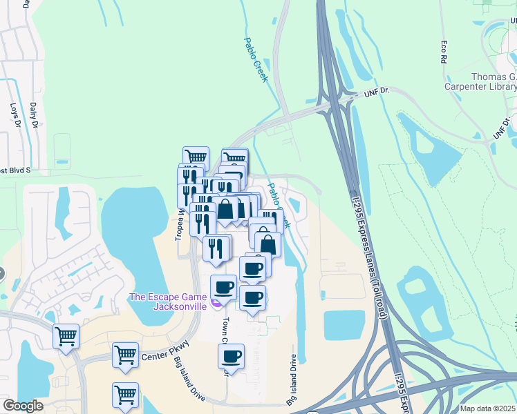 map of restaurants, bars, coffee shops, grocery stores, and more near 4474 Ellipse Drive in Jacksonville