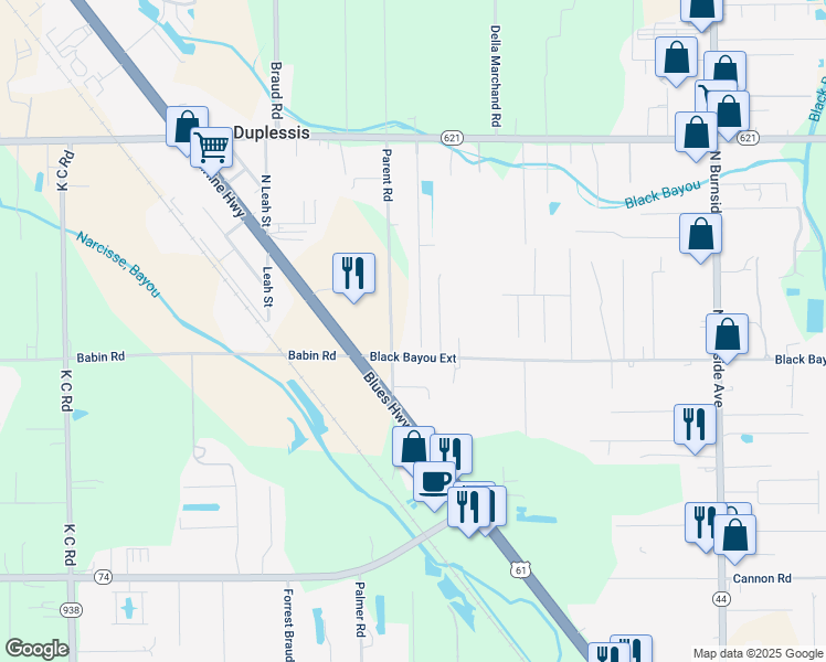 map of restaurants, bars, coffee shops, grocery stores, and more near 13307 Orleans Drive in Gonzales