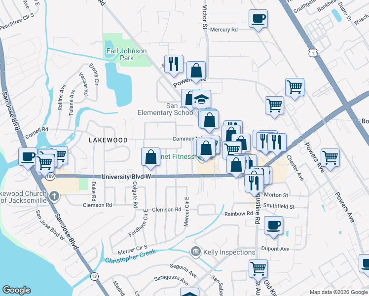 map of restaurants, bars, coffee shops, grocery stores, and more near 5617 Graywood Road in Jacksonville