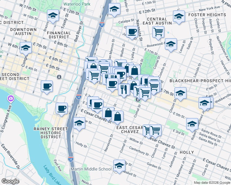 map of restaurants, bars, coffee shops, grocery stores, and more near 1211 East 5th Street in Austin