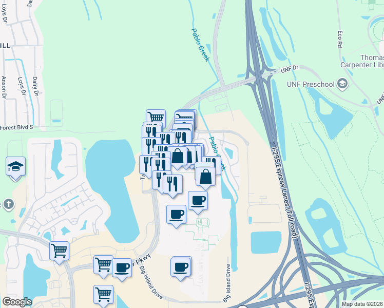 map of restaurants, bars, coffee shops, grocery stores, and more near 4296 Ellipse Drive in Jacksonville