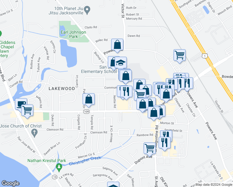 map of restaurants, bars, coffee shops, grocery stores, and more near 5559 Nettie Road in Jacksonville