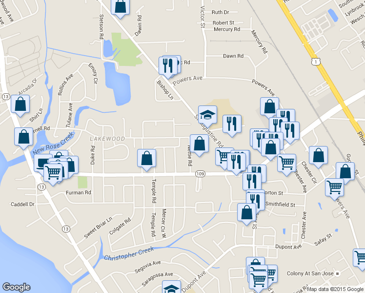 map of restaurants, bars, coffee shops, grocery stores, and more near 5617 Graywood Road in Jacksonville