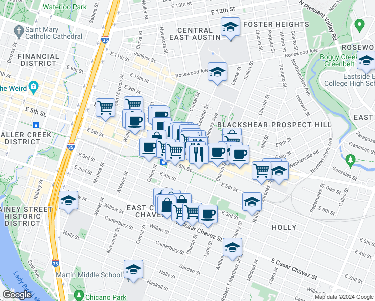 map of restaurants, bars, coffee shops, grocery stores, and more near 1648 East 6th Street in Austin