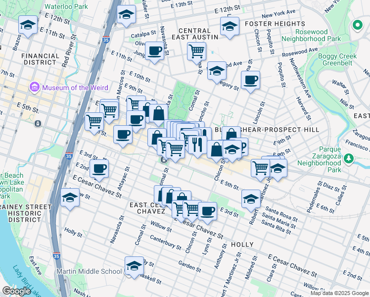 map of restaurants, bars, coffee shops, grocery stores, and more near 1648 East 6th Street in Austin