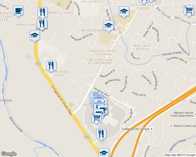 map of restaurants, bars, coffee shops, grocery stores, and more near 3204 Twinberry Cove in Austin
