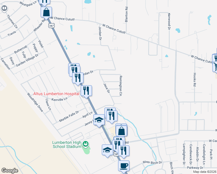 map of restaurants, bars, coffee shops, grocery stores, and more near 103 Dillons Way in Lumberton