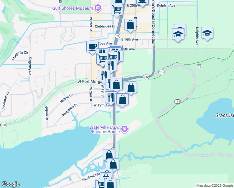 map of restaurants, bars, coffee shops, grocery stores, and more near 1220 Gulf Shores Parkway in Gulf Shores