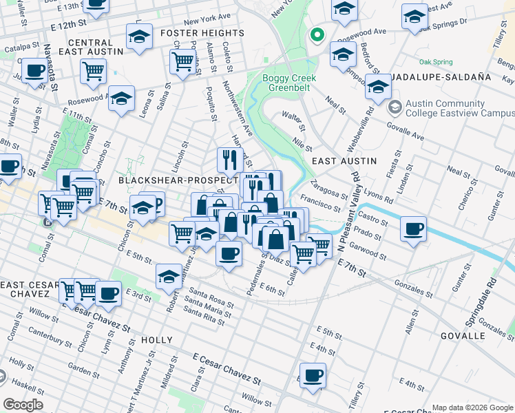 map of restaurants, bars, coffee shops, grocery stores, and more near 2505 Webberville Road in Austin