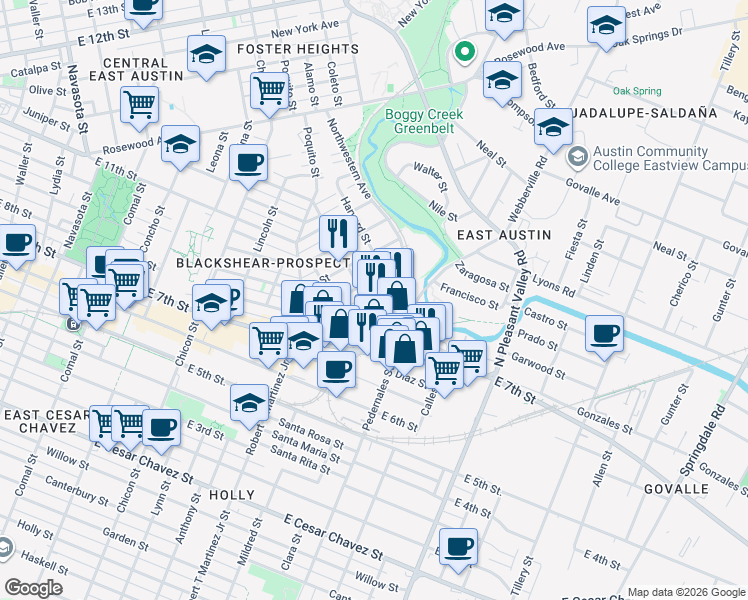 map of restaurants, bars, coffee shops, grocery stores, and more near 2505 Webberville Road in Austin