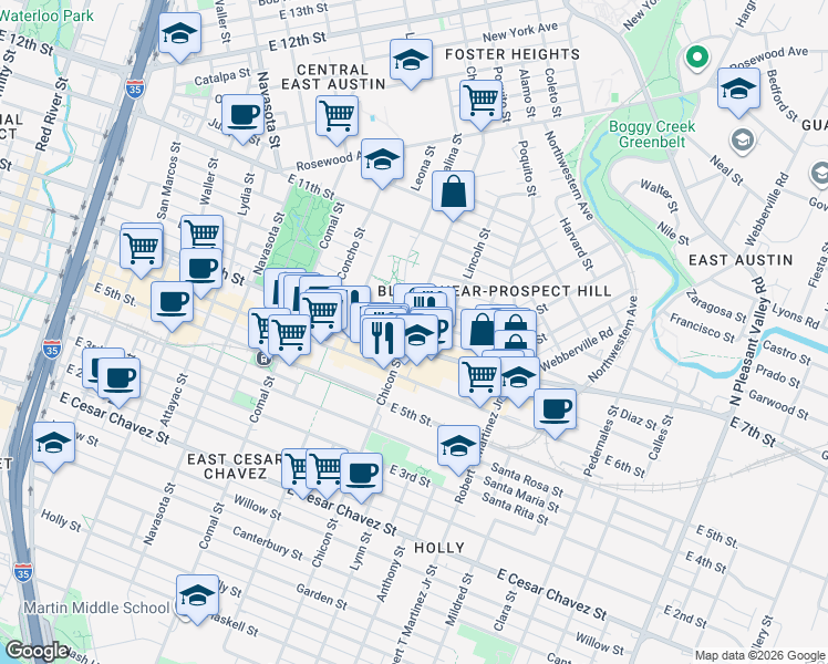 map of restaurants, bars, coffee shops, grocery stores, and more near 1882 East 6th Street in Austin
