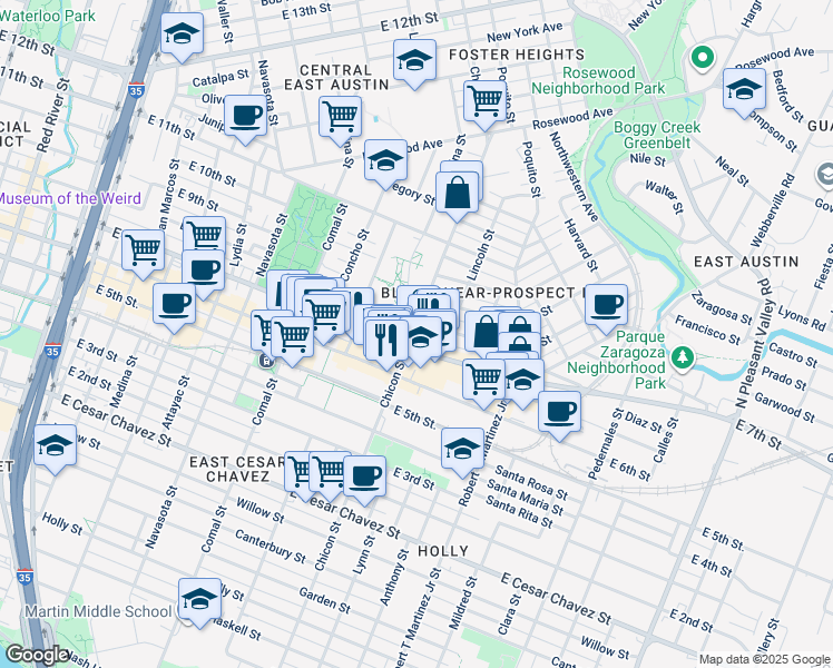 map of restaurants, bars, coffee shops, grocery stores, and more near 708 Chicon Street in Austin