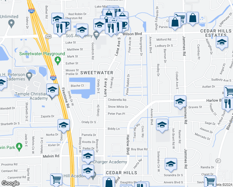map of restaurants, bars, coffee shops, grocery stores, and more near 6828 Medellin Court in Jacksonville