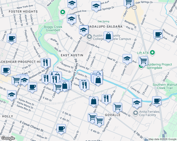 map of restaurants, bars, coffee shops, grocery stores, and more near 2921 Lyons Road in Austin