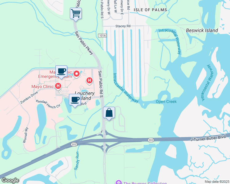 map of restaurants, bars, coffee shops, grocery stores, and more near 14358 Sandy Hook Road in Jacksonville