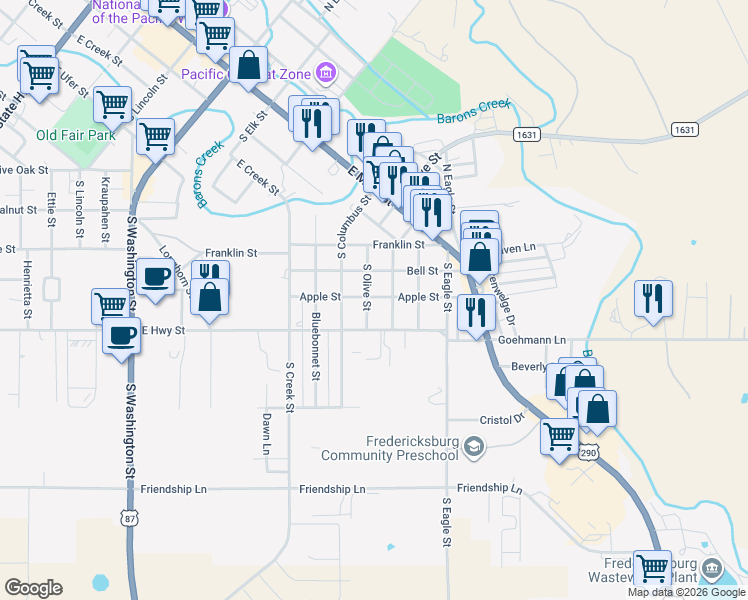 map of restaurants, bars, coffee shops, grocery stores, and more near 510 South Mesquite Street in Fredericksburg