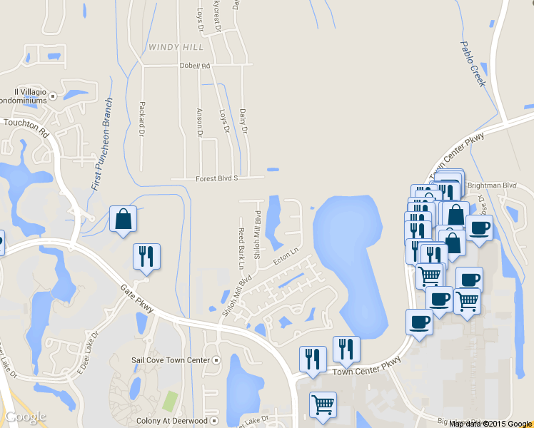 map of restaurants, bars, coffee shops, grocery stores, and more near 10109 Delpoint Lane in Jacksonville