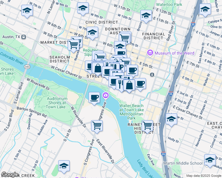 map of restaurants, bars, coffee shops, grocery stores, and more near 7 Congress Avenue in Austin