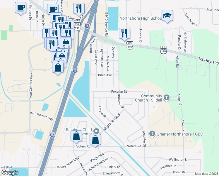 map of restaurants, bars, coffee shops, grocery stores, and more near 129 Foxbriar Street in Slidell