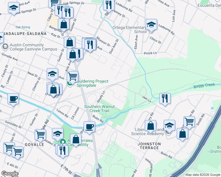 map of restaurants, bars, coffee shops, grocery stores, and more near 1145 Shady Lane in Austin