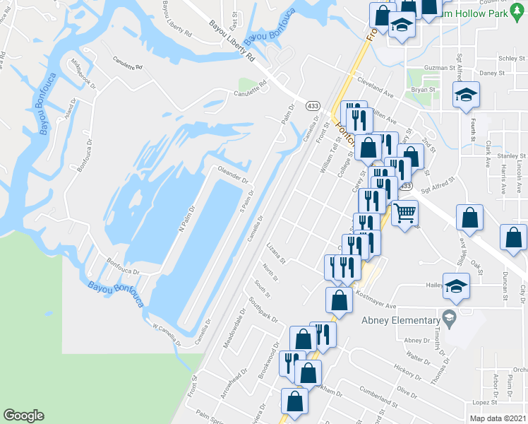 map of restaurants, bars, coffee shops, grocery stores, and more near 2932 Camellia Drive in Slidell