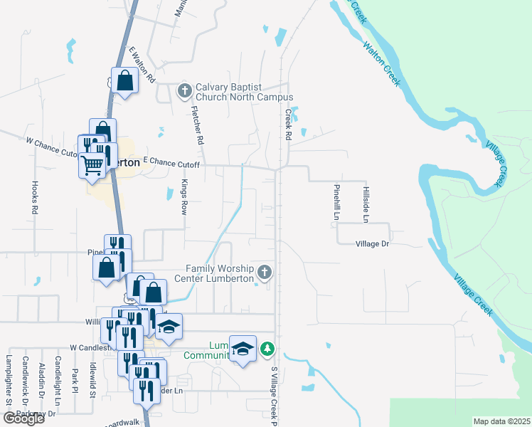 map of restaurants, bars, coffee shops, grocery stores, and more near 521 Old Silsbee Road in Lumberton