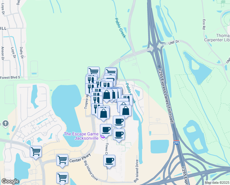 map of restaurants, bars, coffee shops, grocery stores, and more near 4296 Ellipse Drive in Jacksonville