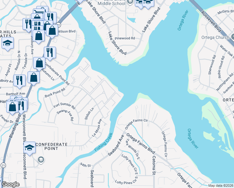 map of restaurants, bars, coffee shops, grocery stores, and more near 4455 Confederate Point Road in Jacksonville