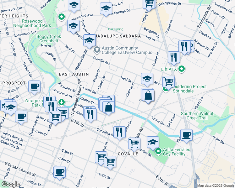 map of restaurants, bars, coffee shops, grocery stores, and more near 906 Cherico Street in Austin