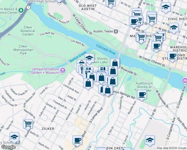 map of restaurants, bars, coffee shops, grocery stores, and more near 1600 Barton Springs Road in Austin