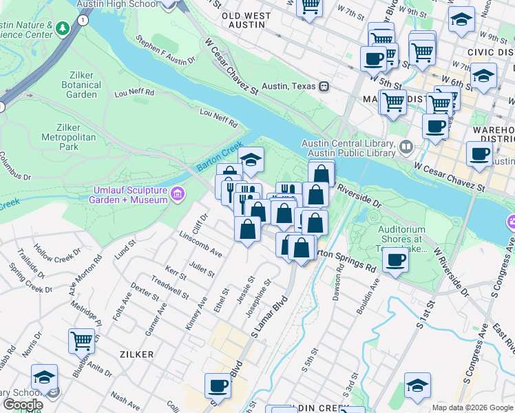 map of restaurants, bars, coffee shops, grocery stores, and more near 1600 Barton Springs Road in Austin