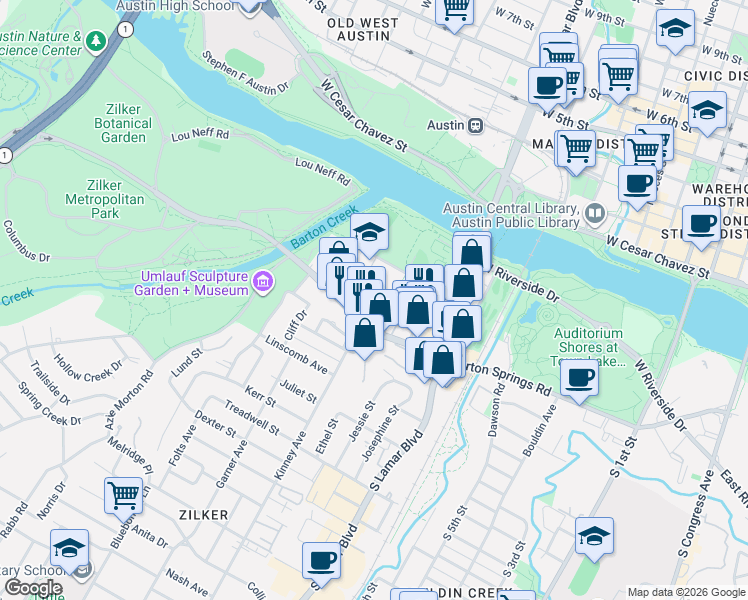 map of restaurants, bars, coffee shops, grocery stores, and more near 1600 Barton Springs Road in Austin