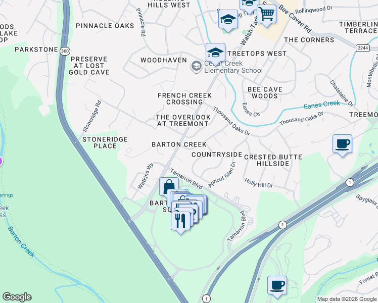 map of restaurants, bars, coffee shops, grocery stores, and more near 3204 Twinberry Cove in Austin