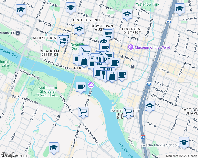 map of restaurants, bars, coffee shops, grocery stores, and more near 111 East Cesar Chavez Street in Austin